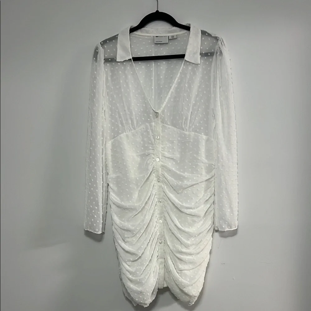 Chic White Ruched Dress with Sheer Sleeves - Picture 2 of 13